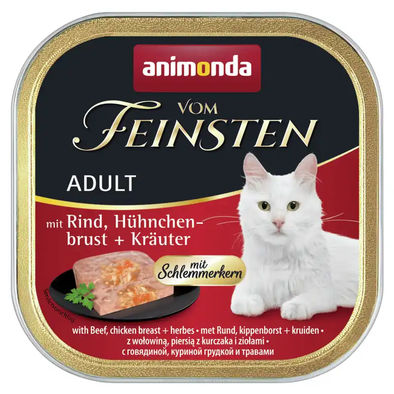 Sparpaket 8 x 100 g Animonda Vom Feinsten Adult mit Rind, Hühnchenbrust + Kräuter mit Schlemmerkern Katzen Nassfutter Must-Have